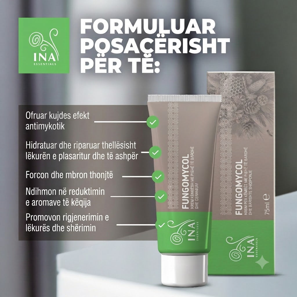 Krem 2 në 1 për Kërpudhat e thonjve dhe lëkurë të thatë e të çarë - me pishë të bardhë, urea dhe barbarozë (Geranium)
