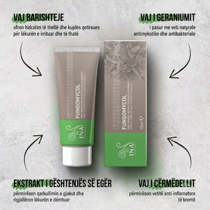 Krem 2 në 1 për Kërpudhat e thonjve dhe lëkurë të thatë e të çarë - me pishë të bardhë, urea dhe barbarozë (Geranium)